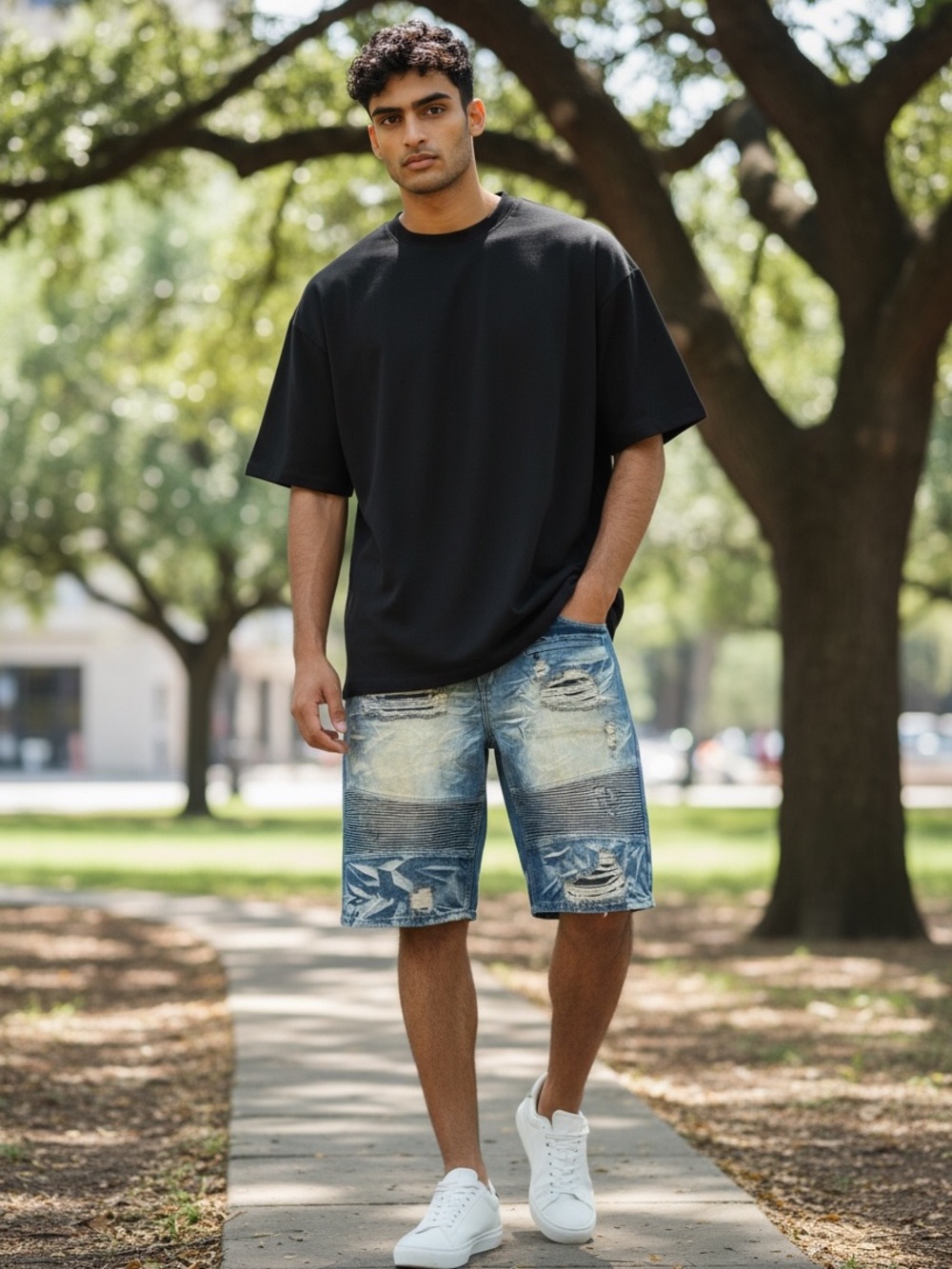 Men's Distressed Patchwork Denim Shorts - Blue